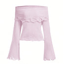 ROMWE Kawaii Sueter Vintage Con Cuello Escote Descubierto, Mangas Con Campana Y Dobladillo Desgastado