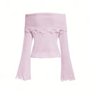ROMWE Kawaii Sueter Vintage Con Cuello Escote Descubierto, Mangas Con Campana Y Dobladillo Desgastado
