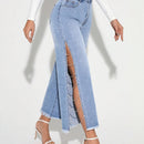 Prive Jeans De Mezclilla Con Decoracion De Cadena De Diamantes De Imitacion, Dobladillo Lateral Dividido Y Borde Deshilachado