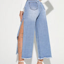 Prive Jeans De Mezclilla Con Decoracion De Cadena De Diamantes De Imitacion, Dobladillo Lateral Dividido Y Borde Deshilachado