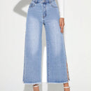 Prive Jeans De Mezclilla Con Decoracion De Cadena De Diamantes De Imitacion, Dobladillo Lateral Dividido Y Borde Deshilachado