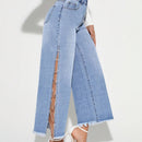 Prive Jeans De Mezclilla Con Decoracion De Cadena De Diamantes De Imitacion, Dobladillo Lateral Dividido Y Borde Deshilachado