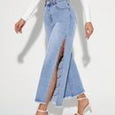 Prive Jeans De Mezclilla Con Decoracion De Cadena De Diamantes De Imitacion, Dobladillo Lateral Dividido Y Borde Deshilachado