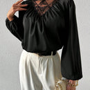 Prive Blusa De Manga De Linterna Plisada De Cuello De Soporte Con Flecos Brillantes Y Malla Para Mujer