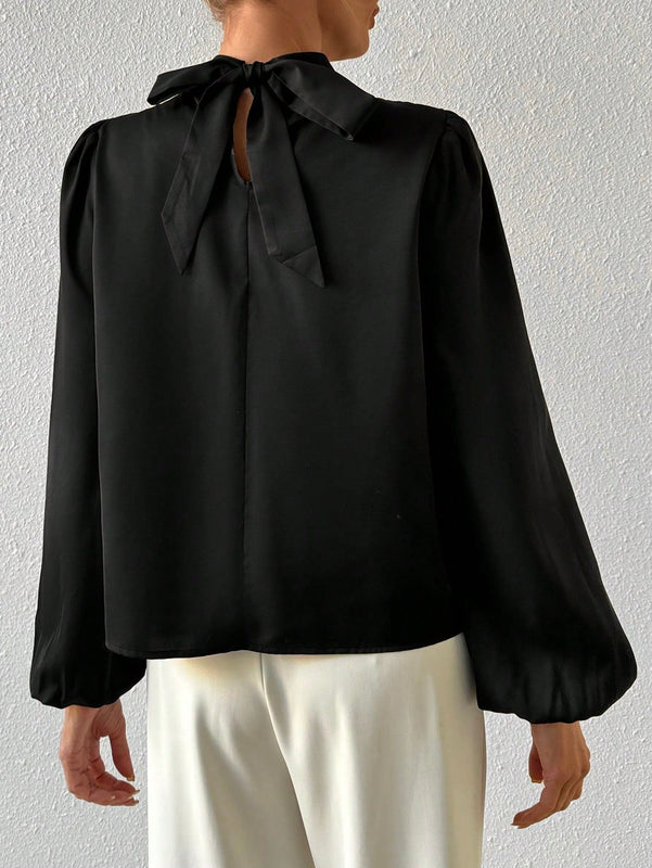 Prive Blusa De Manga De Linterna Plisada De Cuello De Soporte Con Flecos Brillantes Y Malla Para Mujer