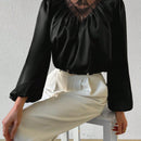 Prive Blusa De Manga De Linterna Plisada De Cuello De Soporte Con Flecos Brillantes Y Malla Para Mujer