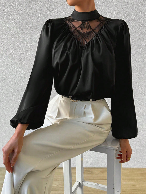 Prive Blusa De Manga De Linterna Plisada De Cuello De Soporte Con Flecos Brillantes Y Malla Para Mujer