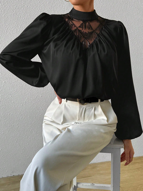 Prive Blusa De Manga De Linterna Plisada De Cuello De Soporte Con Flecos Brillantes Y Malla Para Mujer