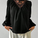 Prive Blusa De Manga De Linterna Plisada De Cuello De Soporte Con Flecos Brillantes Y Malla Para Mujer