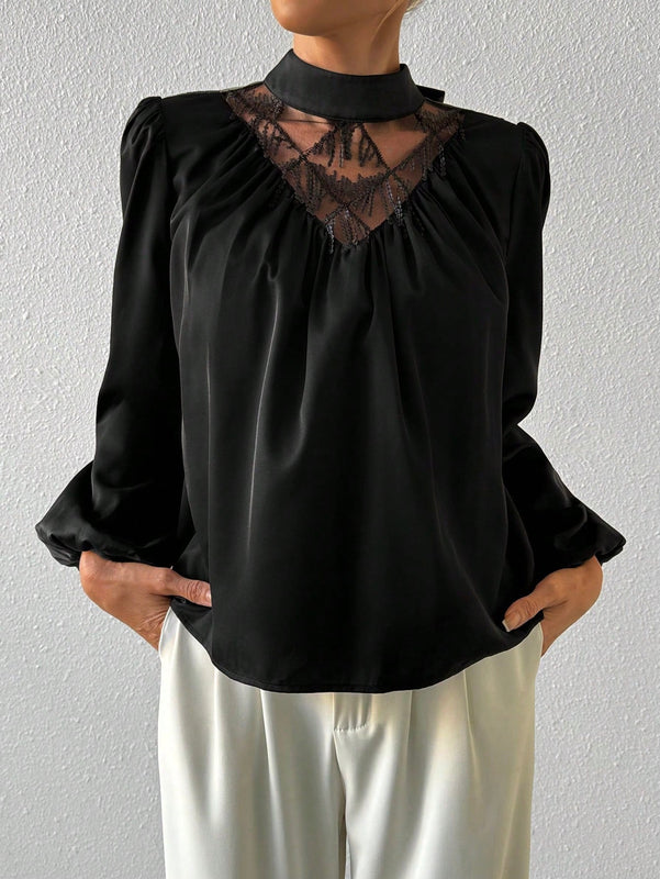 Prive Blusa De Manga De Linterna Plisada De Cuello De Soporte Con Flecos Brillantes Y Malla Para Mujer