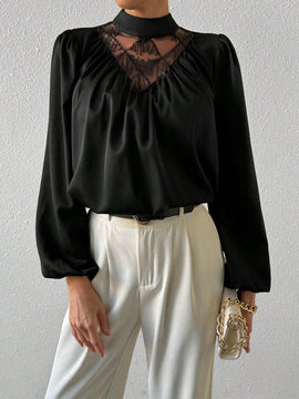 Prive Blusa De Manga De Linterna Plisada De Cuello De Soporte Con Flecos Brillantes Y Malla Para Mujer
