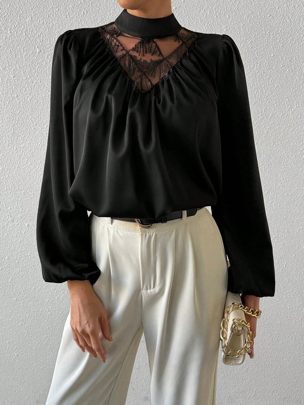 Prive Blusa De Manga De Linterna Plisada De Cuello De Soporte Con Flecos Brillantes Y Malla Para Mujer