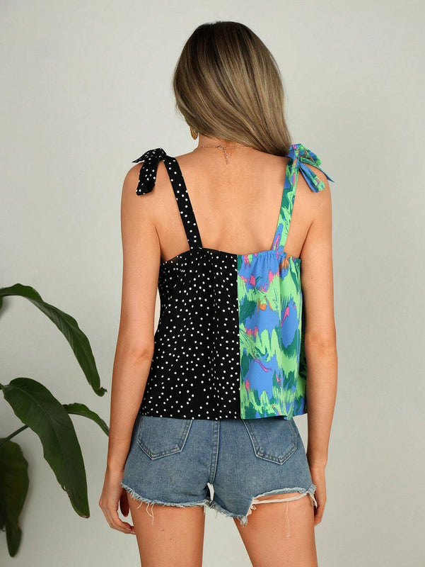Blusa sin mangas de verano para mujer con estampado de lunares y flores de contraste, atuendo de crucero para mujeres