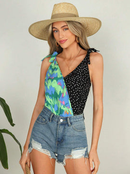Blusa sin mangas de verano para mujer con estampado de lunares y flores de contraste, atuendo de crucero para mujeres