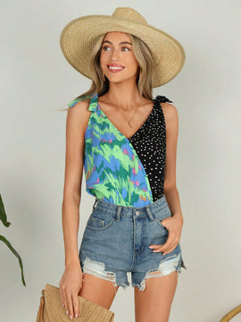 Blusa sin mangas de verano para mujer con estampado de lunares y flores de contraste, atuendo de crucero para mujeres