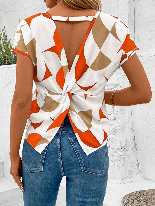 Blusa De Cuello Redondo Para Mujeres Con Dee De Giro Y Recorte En La Espalda