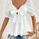 Frenchy Blusa De Manga Corta Con Nudo Delantero, Bordado De Ojal Con Mangas Abullonadas