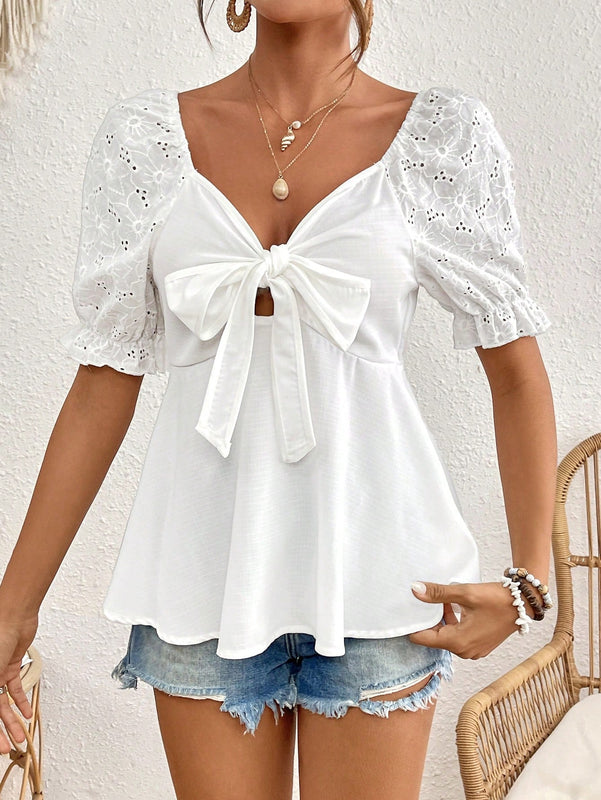 Frenchy Blusa De Manga Corta Con Nudo Delantero, Bordado De Ojal Con Mangas Abullonadas