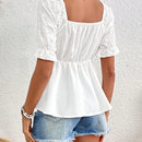 Frenchy Blusa De Manga Corta Con Nudo Delantero, Bordado De Ojal Con Mangas Abullonadas