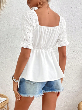 Frenchy Blusa De Manga Corta Con Nudo Delantero, Bordado De Ojal Con Mangas Abullonadas
