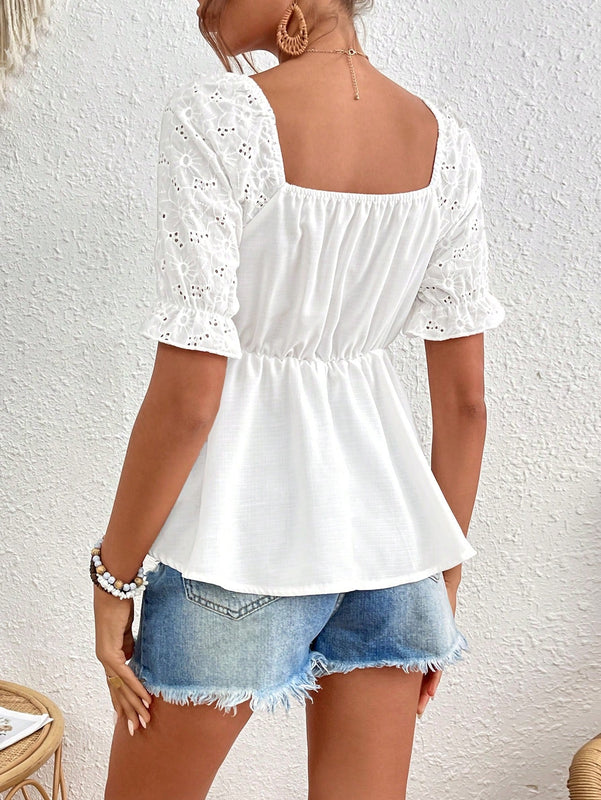 Frenchy Blusa De Manga Corta Con Nudo Delantero, Bordado De Ojal Con Mangas Abullonadas