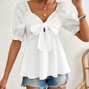 Frenchy Blusa De Manga Corta Con Nudo Delantero, Bordado De Ojal Con Mangas Abullonadas