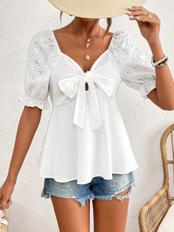 Frenchy Blusa De Manga Corta Con Nudo Delantero, Bordado De Ojal Con Mangas Abullonadas