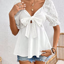 Frenchy Blusa De Manga Corta Con Nudo Delantero, Bordado De Ojal Con Mangas Abullonadas