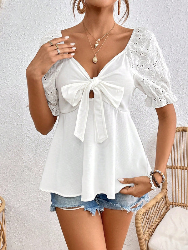 Frenchy Blusa De Manga Corta Con Nudo Delantero, Bordado De Ojal Con Mangas Abullonadas