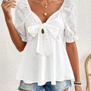 Frenchy Blusa De Manga Corta Con Nudo Delantero, Bordado De Ojal Con Mangas Abullonadas
