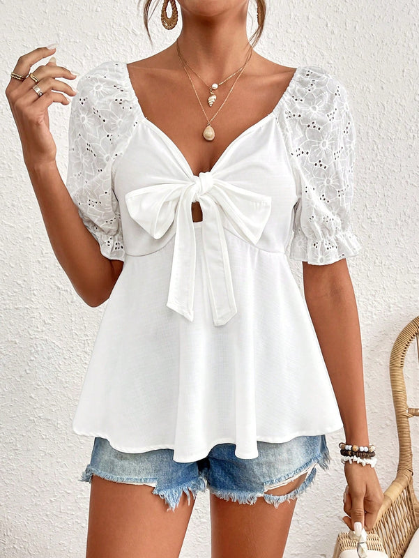 Frenchy Blusa De Manga Corta Con Nudo Delantero, Bordado De Ojal Con Mangas Abullonadas