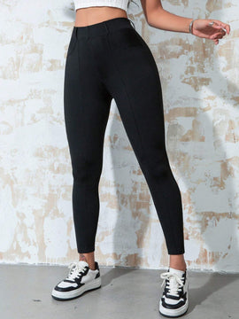 Leggings Deportivos Lisos De Cintura Alta, Elasticos, Con Bolsillo Inclinado, Detalle De Costura, Decoracion De Solapa, Entrenamiento, Yoga, Pantalones Ajustados, Pantalones Informales De Oficina