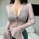 DAZY Blusa Holgada Con Tintes Anudados, Cierre Frontal De Botones Y Mangas Largas