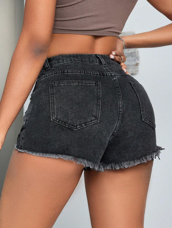 SXY Shorts Vaqueros Desgastados Con Dobladillo Deshilachado Para Mujer