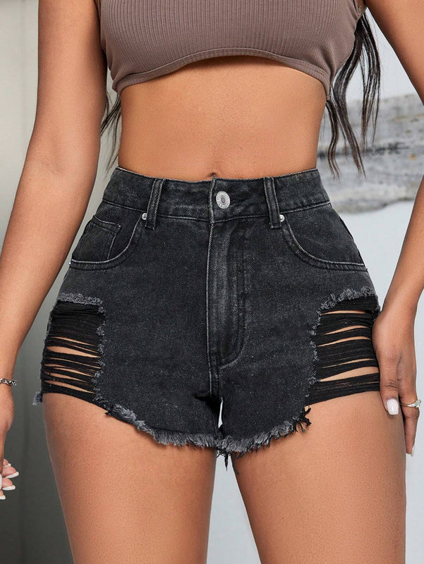 SXY Shorts Vaqueros Desgastados Con Dobladillo Deshilachado Para Mujer