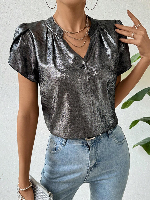 Blusa De Manga Corta Con Cuello En V