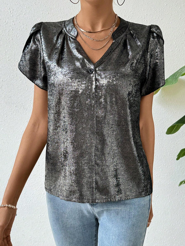 Blusa De Manga Corta Con Cuello En V