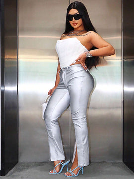 SXY Pantalones de tela metalica de unicolor Y2K para mujer con mosca de cremallera y alta abertura en la pierna