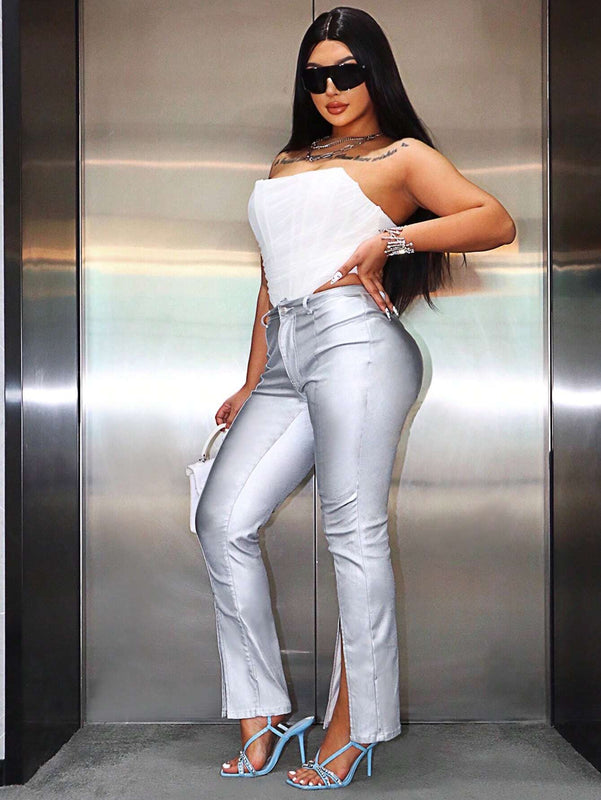 SXY Pantalones de tela metalica de unicolor Y2K para mujer con mosca de cremallera y alta abertura en la pierna