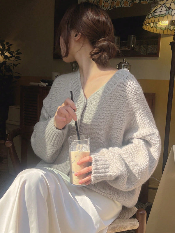 Dazy cardigan holgado de punto de color liso con cuello en v para mujer