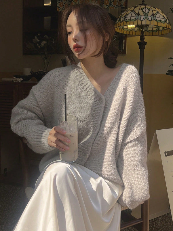 Dazy cardigan holgado de punto de color liso con cuello en v para mujer