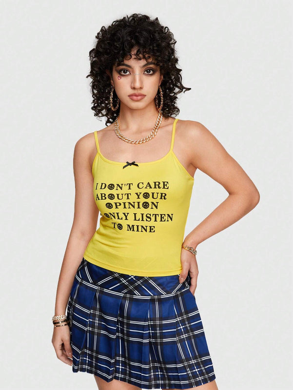 ROMWE Street Life Estilo De Chica Picante Y2k, Ajustado Con Eslogan Y Estampado Facial, Top De Cami Corta Para Mujer Con Cintura Fruncida