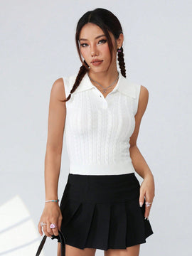 EZwear Chaleco De Punto De Cable Solido Para Mujer Con Media Tapeta Abotonada