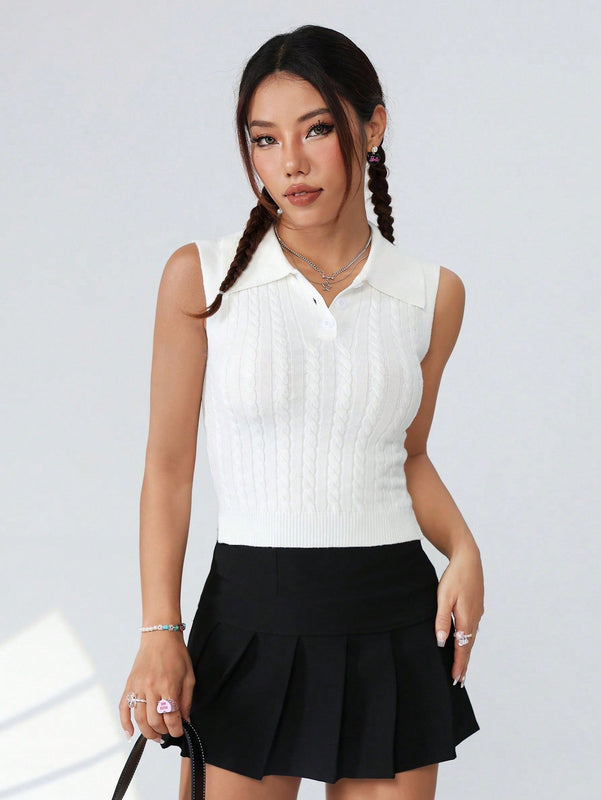EZwear Chaleco De Punto De Cable Solido Para Mujer Con Media Tapeta Abotonada