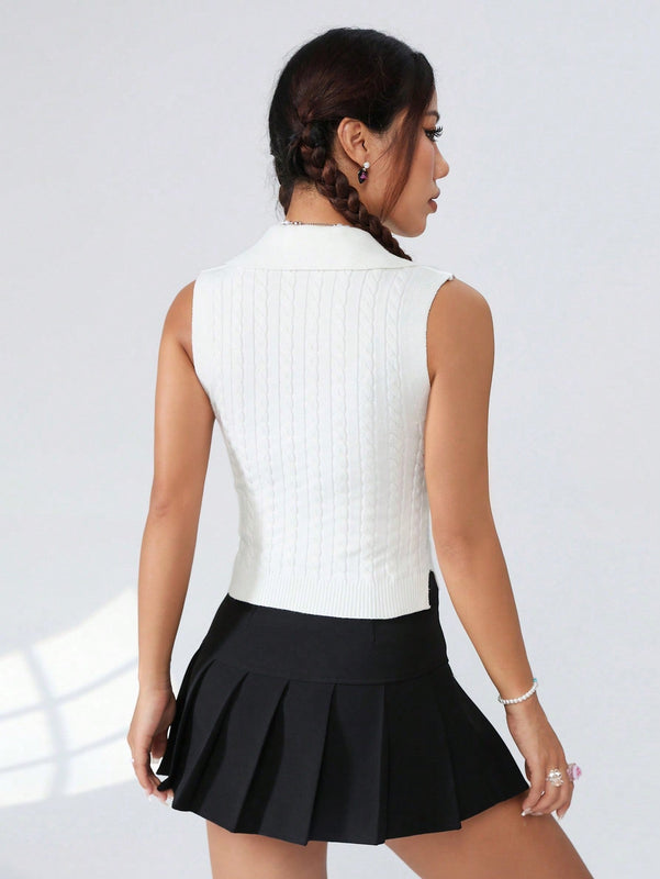EZwear Chaleco De Punto De Cable Solido Para Mujer Con Media Tapeta Abotonada