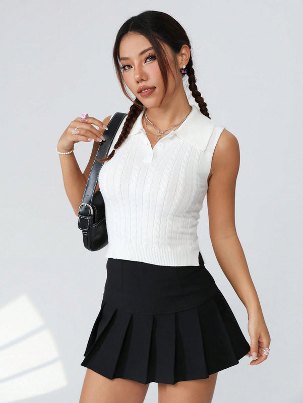 EZwear Chaleco De Punto De Cable Solido Para Mujer Con Media Tapeta Abotonada