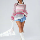 EZwear Sueter De Punto Con Hombros Caidos Y Rayas De Color En Contraste Para Mujer