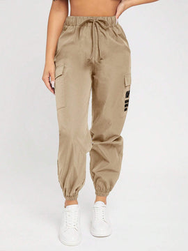 PETITE Pantalones De Carga Impresos Con Letras Para Mujer