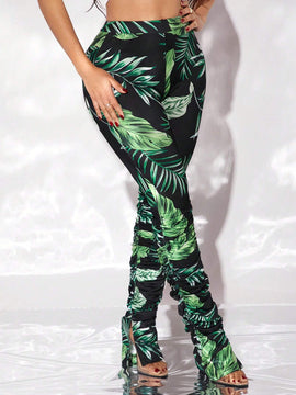 SXY Pantalones Anchos Acampanados Estilo Bohemio Para Mujeres Con Estampado De Plantas Para Vacaciones O Tiempo Libre Y Detalles De Volantes Y Rajas
