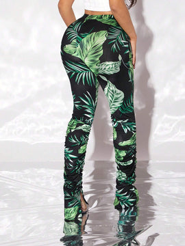 SXY Pantalones Anchos Acampanados Estilo Bohemio Para Mujeres Con Estampado De Plantas Para Vacaciones O Tiempo Libre Y Detalles De Volantes Y Rajas